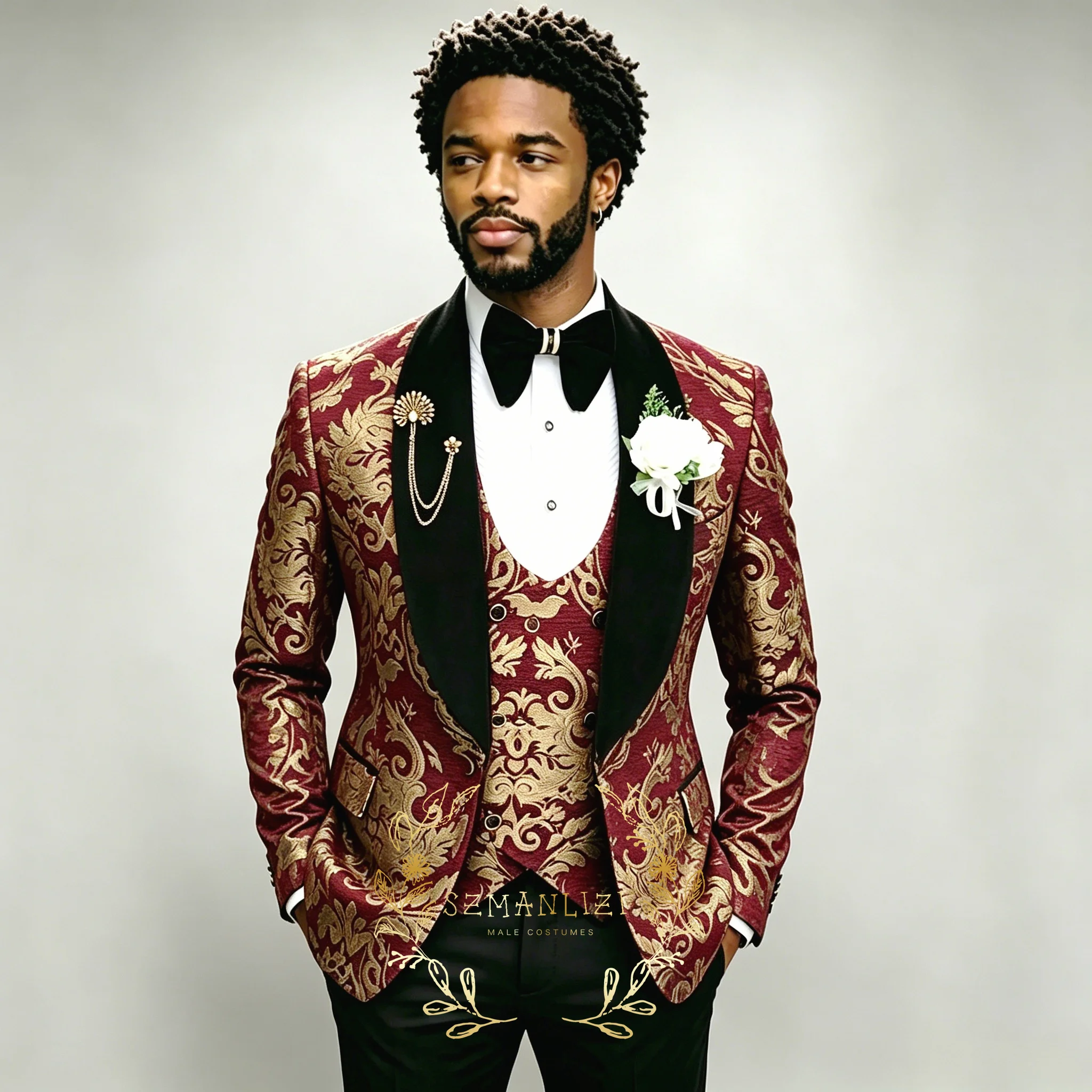 

Men's Burgundy Gold Jacquard Wedding Suit Shawl Lapel Blazer Vest Pants 3 Piece Sets Groom Party Formal Dress Custom Tuxedos