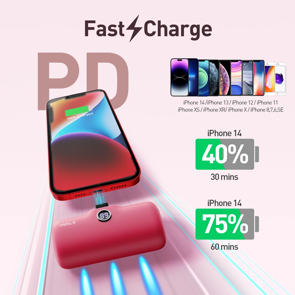 IWALK 캡슐 보조배터리 미니 휴대용 무선 백업 배터리, 고속 충전 전원 공급 장치, 아이폰 라이트닝에 적합, 4800mAh