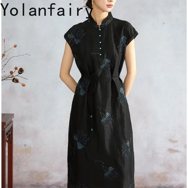 YOLANFAIRY New 100% Real Mulberry Silk Dresses for Women Stand Collar Gambiered Silk Dress Embroidery Short Sleeve Black Dress