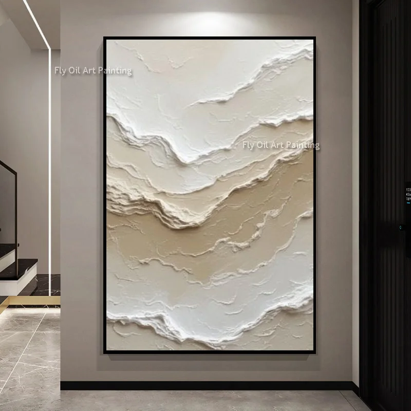 Hand Painted 3D Wave Abstract Oil Painting, Thick Palette Knife Textured Canvas Art, Neutral Beige Wabi-Sabi Vertical Wall Decor