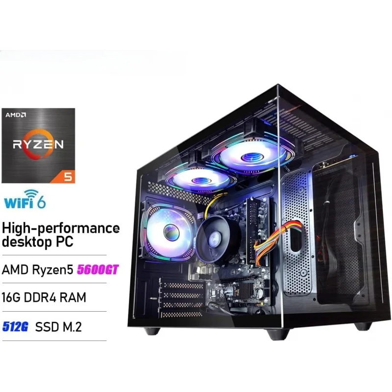 ألعاب الكمبيوتر | ريزين 5 5600 جي تي | نيفمي اس اس دي 512 جيجا | ذاكرة الوصول العشوائي 16 جيجا | واي فاي 6 أبراج مكتبية كمبيوتر مكتبي مسبق الصنع باللون الأسود #2