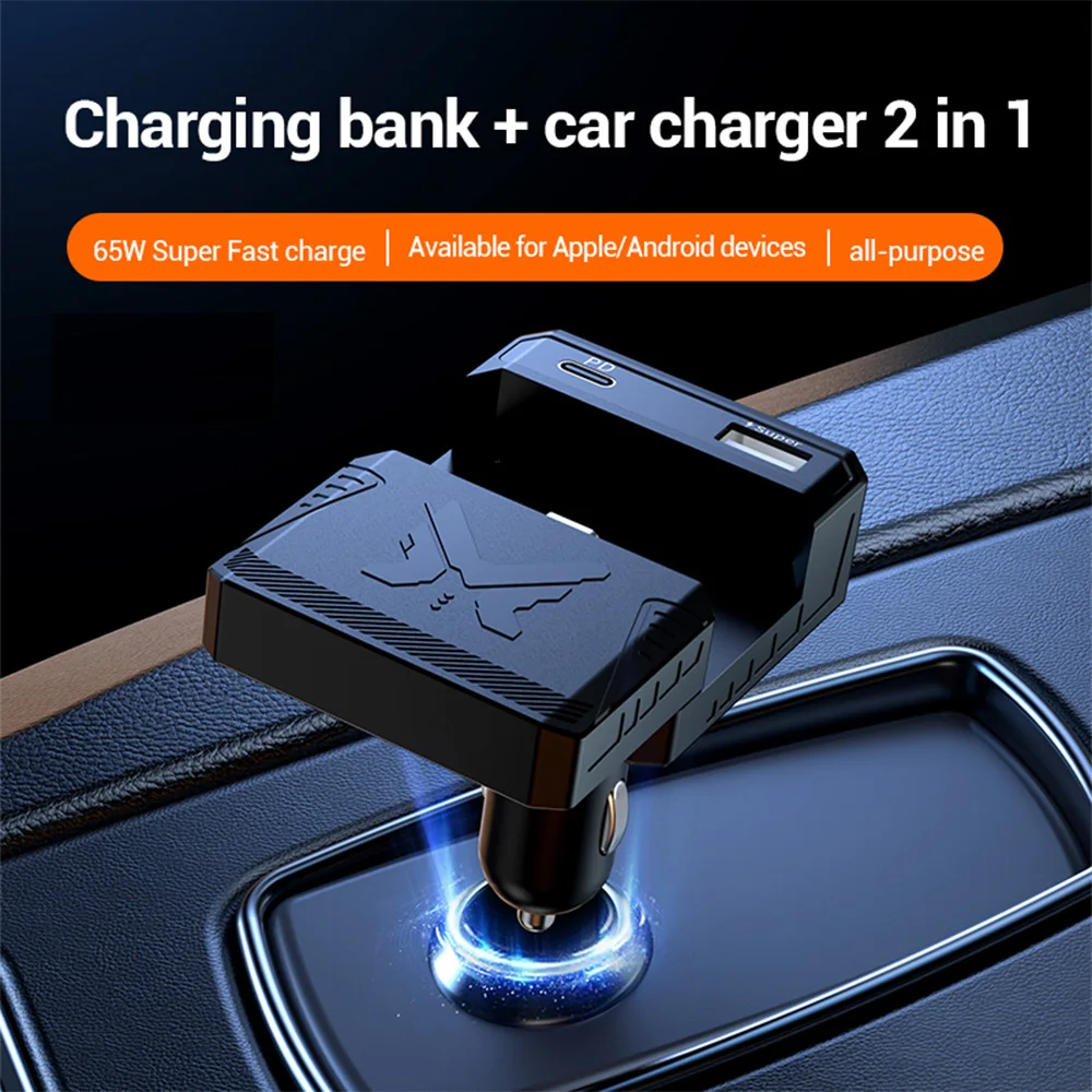 2024 New Car Charger 2-in-1Portable Charger 2000mAh Charging Power For Apple and Android Phones Universal 65 Watt Fast Charging