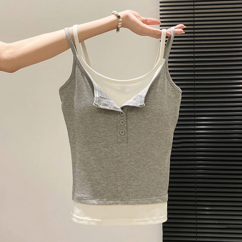 Faux Camisole deux pièces pour femmes, mode printemps-automne, court, Slim, coussin de poitrine, débardeur, vêtements de rue épicés pour filles