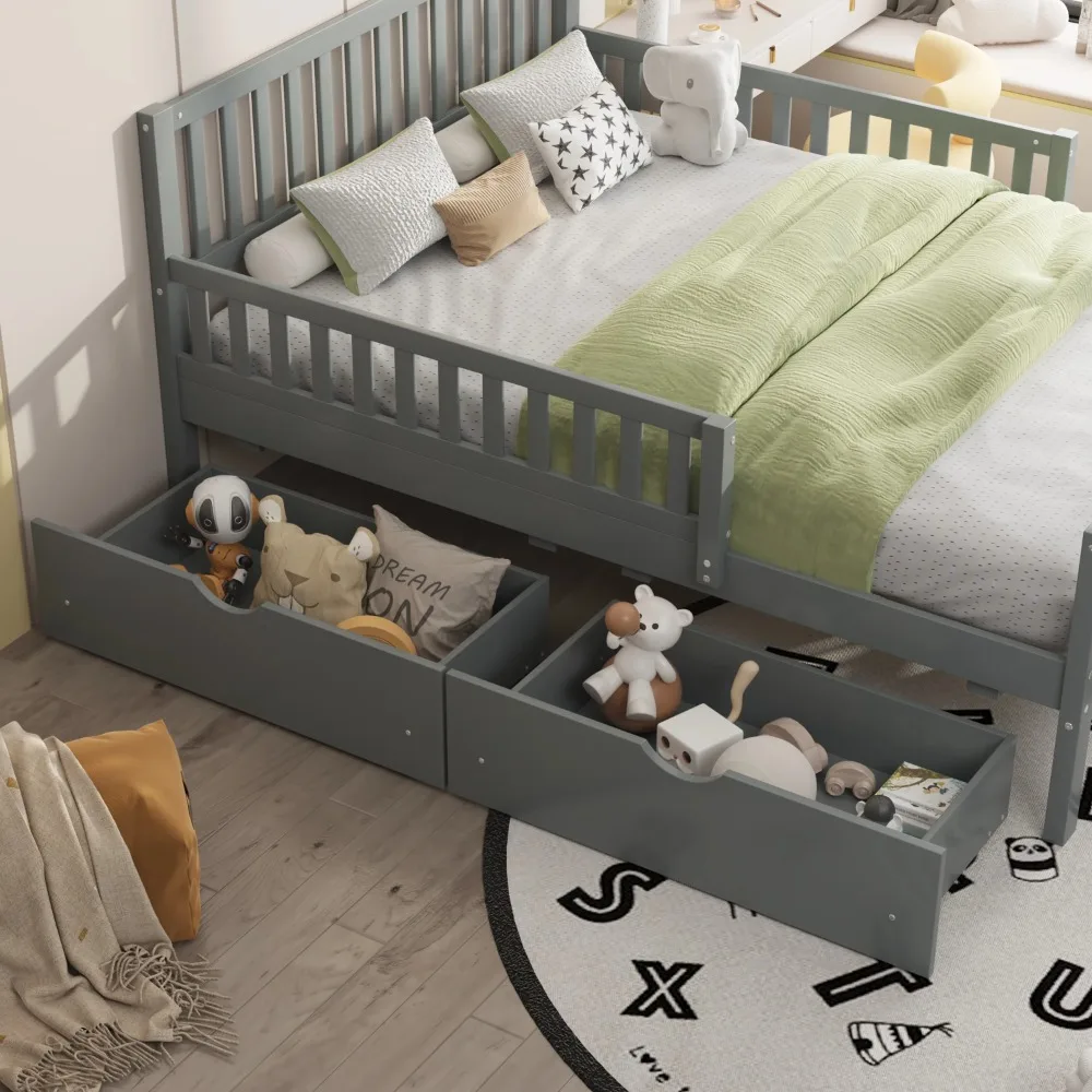 Full Bed with Storage Drawers and Fence Rails, Wood Platform Beds Frame with Headboard, Full Size Storage Bed