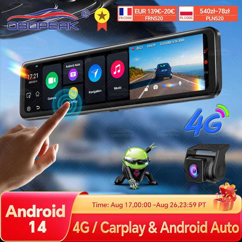D90 11.26" 4G+64G 4G Android 14 Tela AI Navegação GPS Carplay Android AUTO Câmera de Painel com Lente Dupla Espelho Retrovisor Gravador de Vídeo