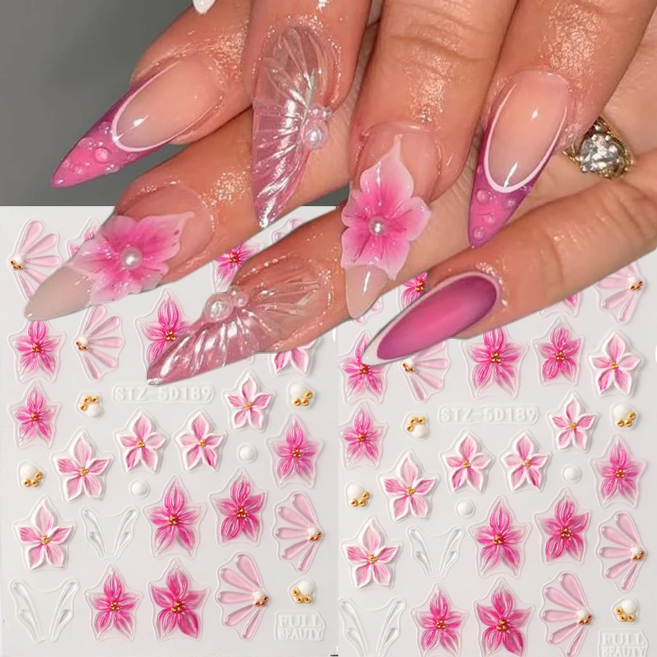 Soft Jelly 5D Embossed Spring/Summer Floral Nail Stickers -  Pink Flower Transparent Flower Petal Engraved Slider Nail Decals