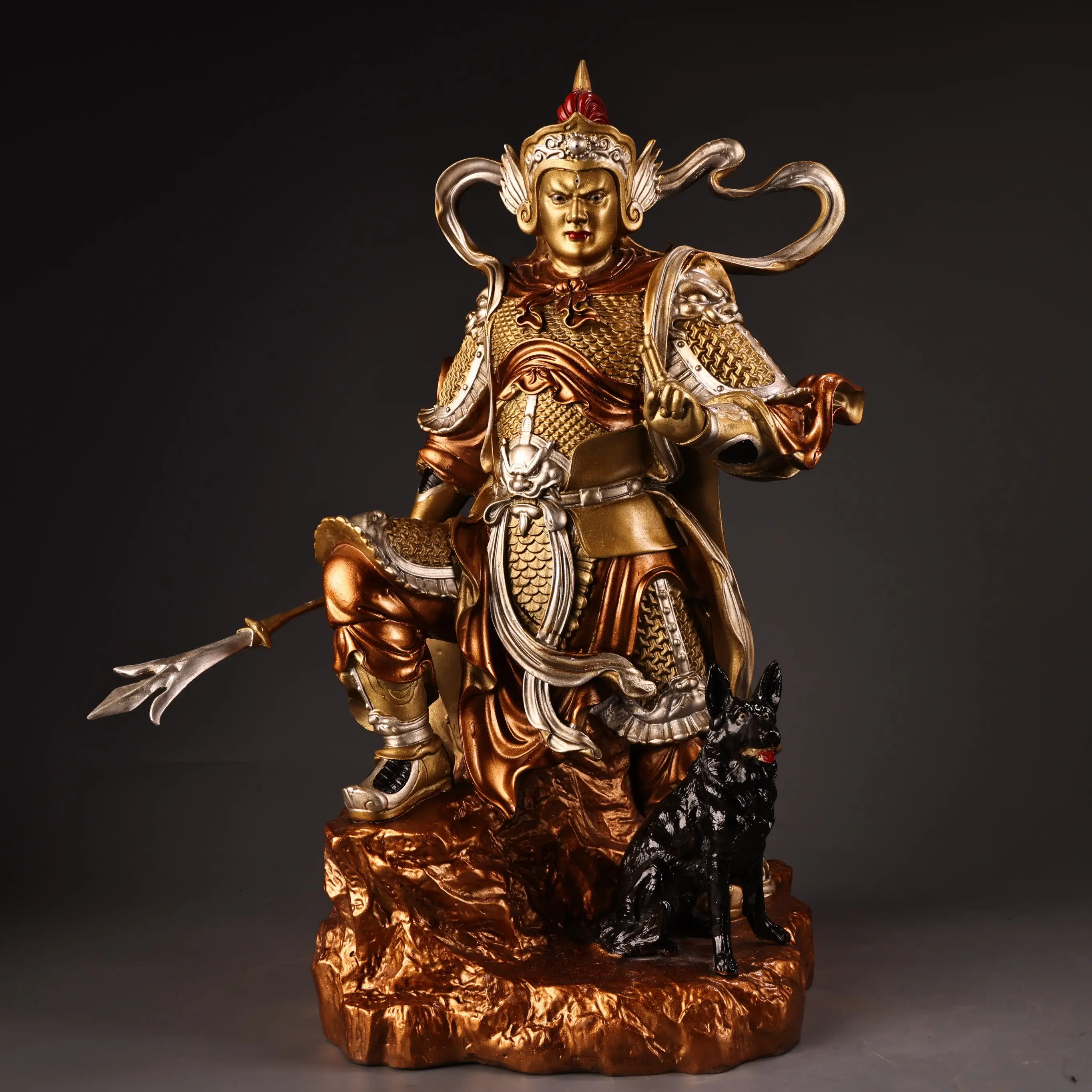 Bronze Erlang Shen Statue High Relief Chiseled Gold Silver Painted Heavy Patina Buddha Figurine Decor