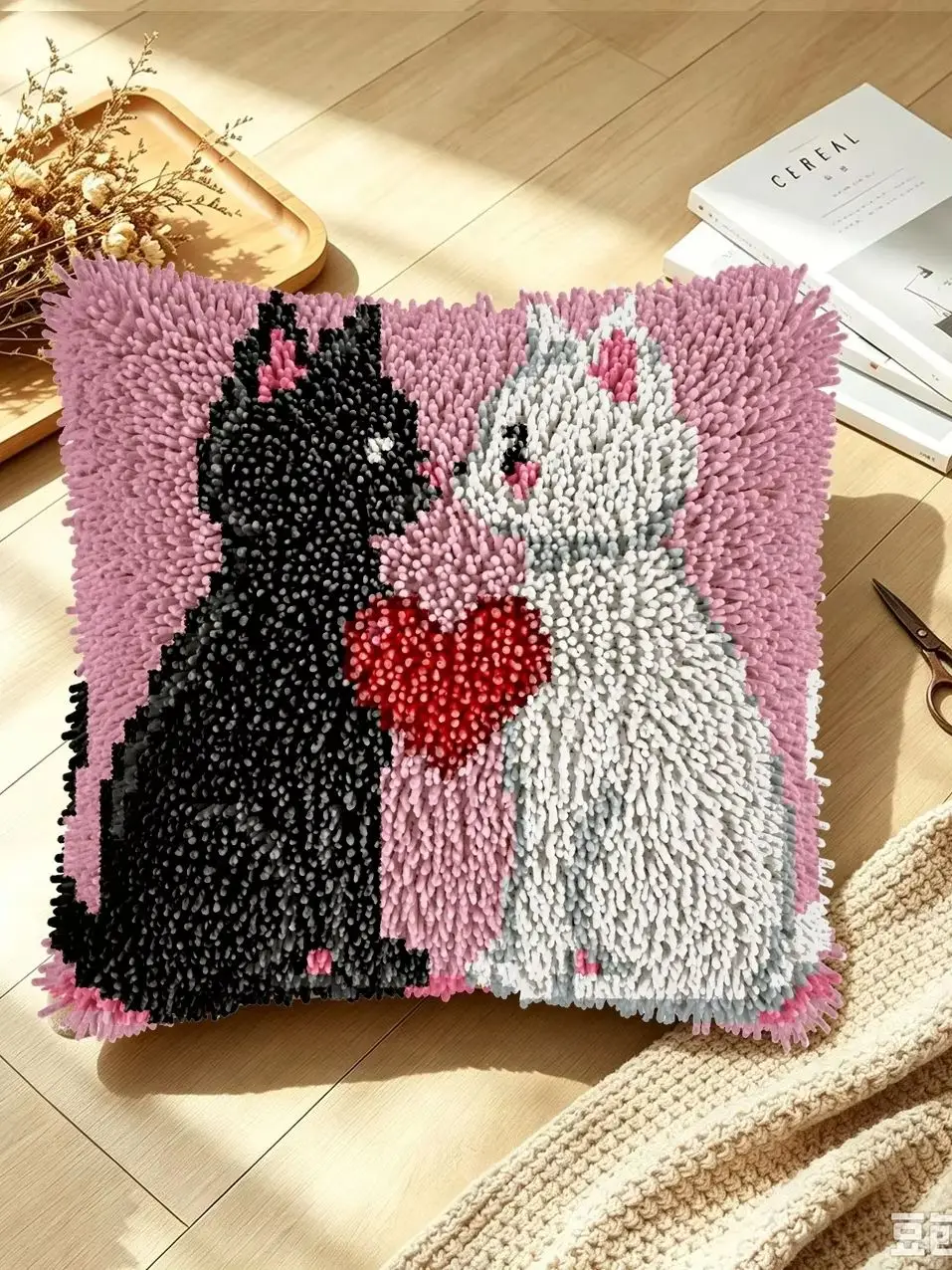 1 Set Katzen-Herzknoten-Kissen-Set mit Häkelnadel für Paare, Kissenbezug-Set für Handarbeiten, Häkelnadel-Sets, DIY, anfängerfreundlich – Detail 1