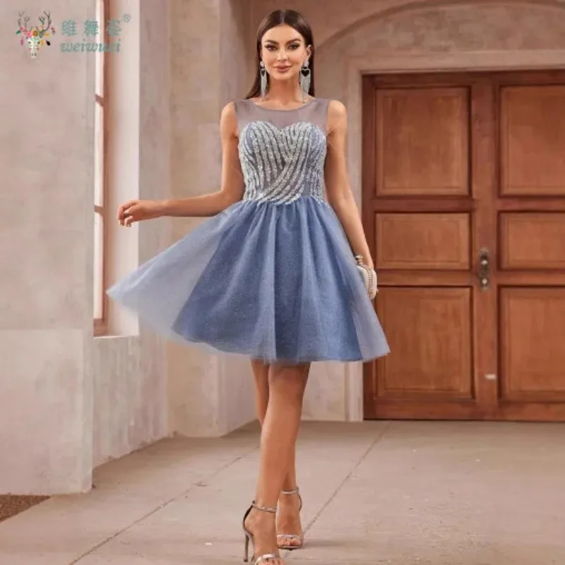 

New Gray Blue Round Neck Sleeveless Short Puffy Skirt with Elegant Sequin Embroidery Chiffon Backless Cocktail Evening Gown