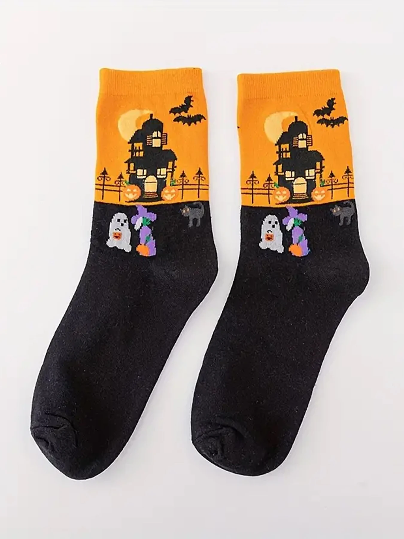 6pairs Halloween Style Men\'s Trendy Cartoon Bat Pumpkin Pattern Crew Socks, Breathable Comfy Casual Street Style Unisex Socks Fo