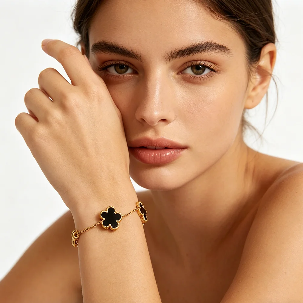 Adjustable New Design Gold Plated Stainless Steel 316L Plant Flower Bracelet With Five Leaf Petals Women's Luxury Gifts Clover