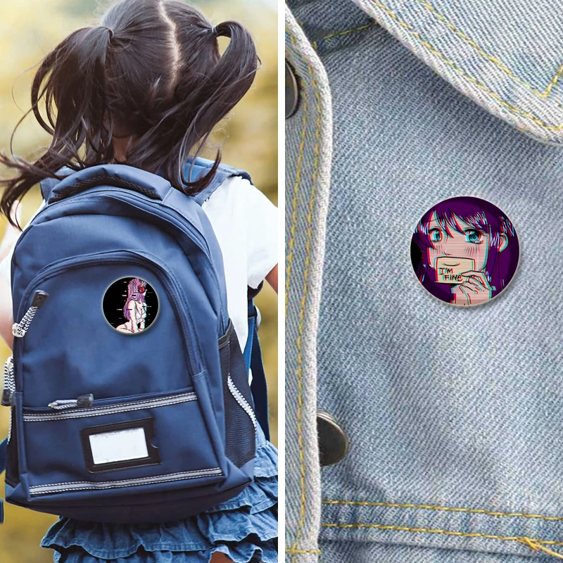 44mm Cool Vaporwave Aesthetics Brooches Cosplay Purple Series Badge Cartoon Stylish Lapel Pins for Backpack Jewelry Accessories