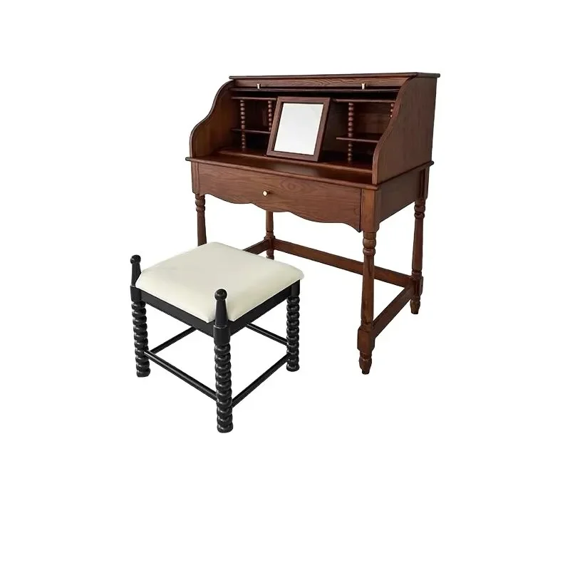 French Retro Solid Wood Roller Shutter Vanity Desk with Storage American Style Dresser for Small Apartment Bedroom