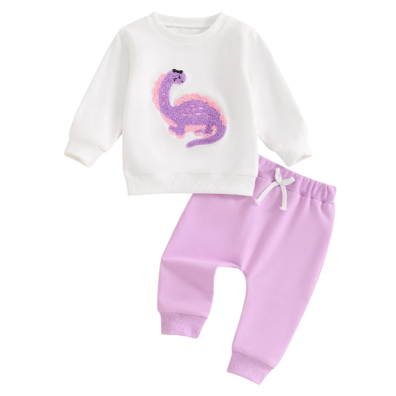 Baby Girls 2-piece Outfit Long Sleeve Embroidery Dinosaur Sweatshirt with Elastic Waist Sweatpants Fall Clothes