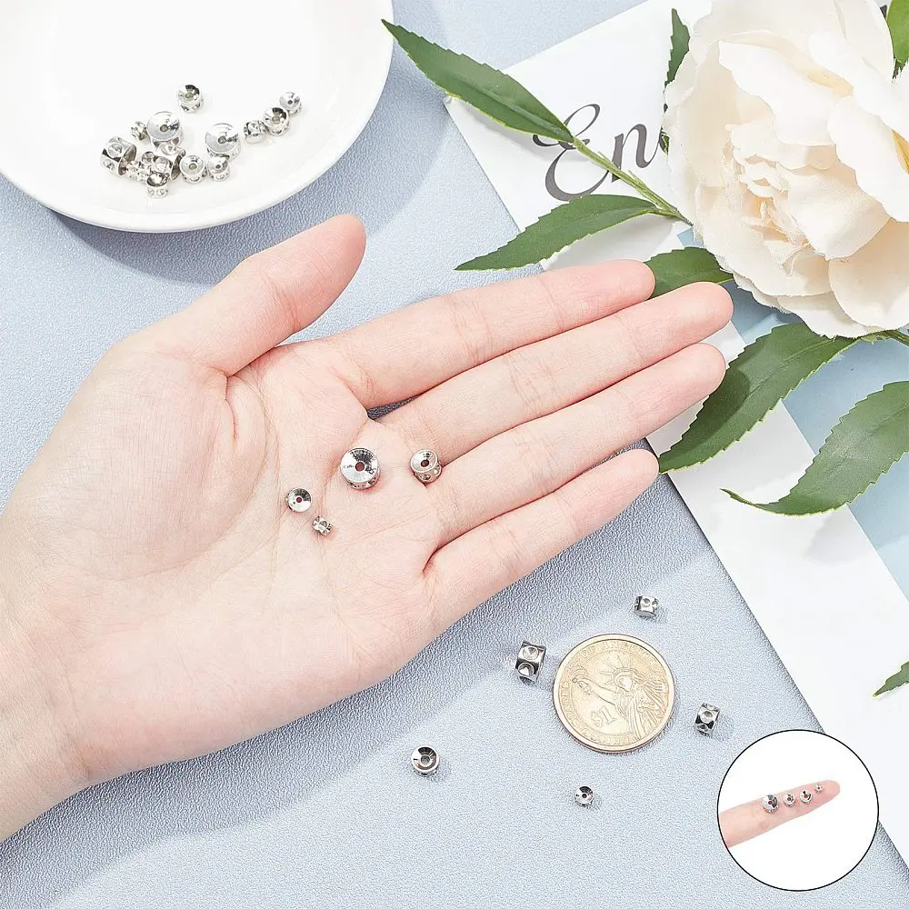 24pcs 4Sizes 4/5/6/8mm Beads Rhinestone Settings 304 Stainless Steel Loose Beads Column Beads Rhinestone Setting for DIY Jewelry
