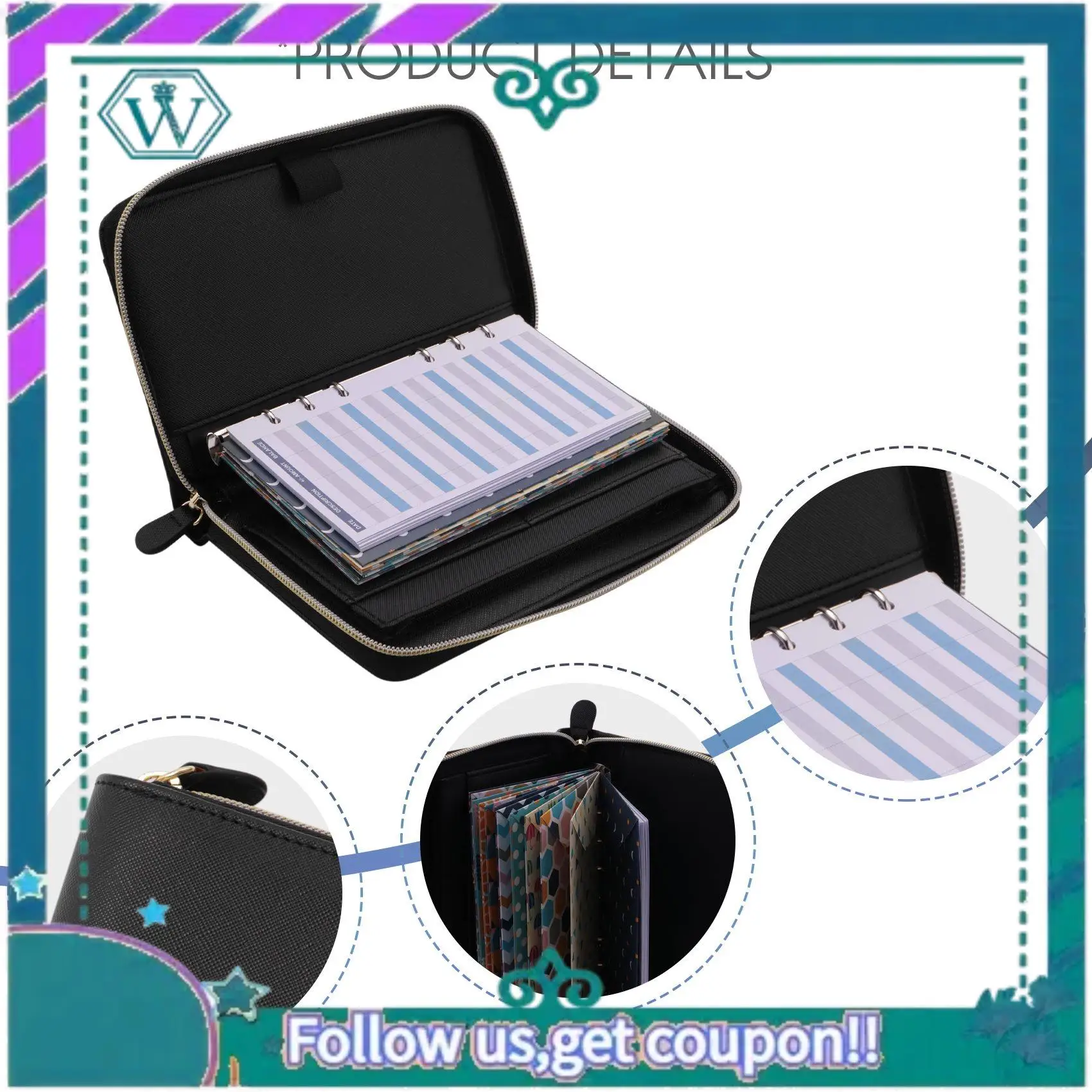 Sistema de billetera de sobres de efectivo todo en uno A75Q con 12 sobres de presupuesto y 12 hojas de presupuesto para planificador financiero