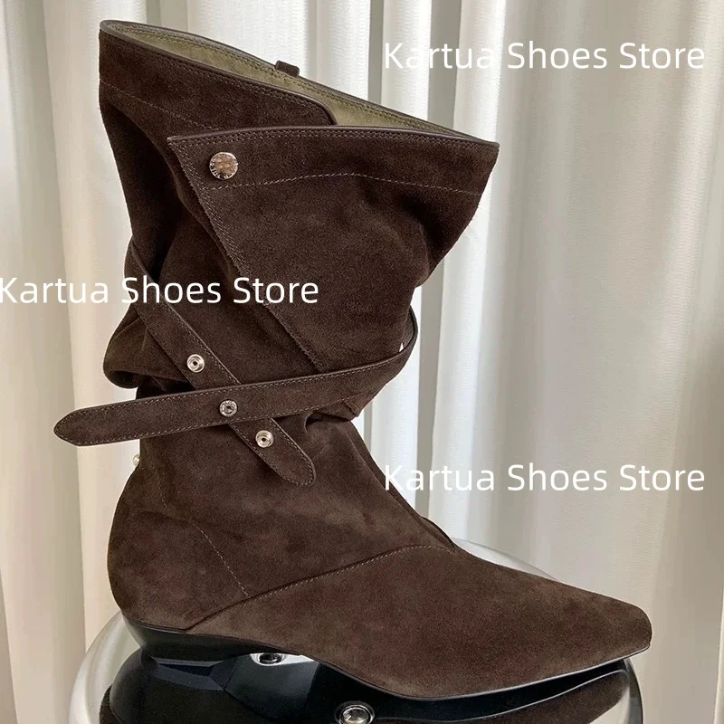 

Women's Dark Brown Suede Mid Calf Boots Crisscross Strap Detail Pointed Toe Low Heel Retro Elegance Casual Ladies Autumn Botas