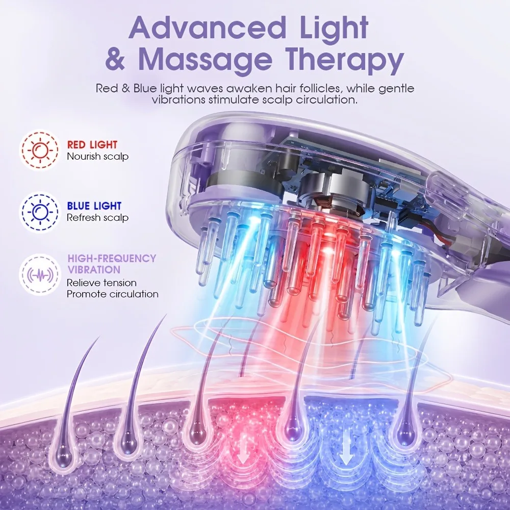 Electric Scalp Massage Comb Red And Blue Light Rechargeable Hair Care Brush with Micro Current Vibration, Anti Hair Loss Comb with Essence Introduction Function (without Hair Conditioner)