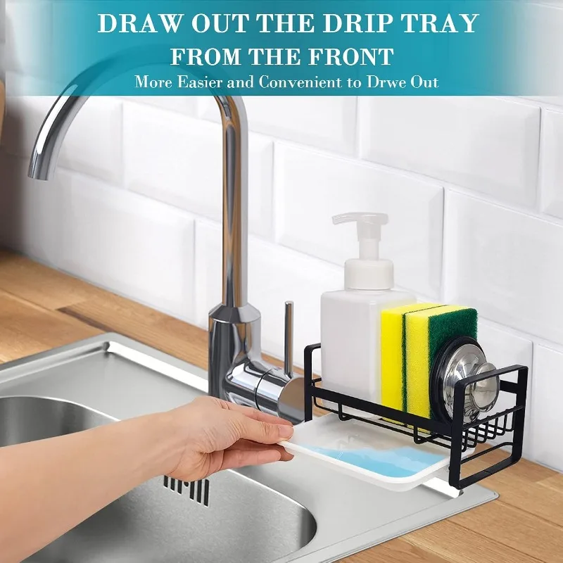 Kitchen Sink Caddy Organizer, Sponge Holder & Soap Dish, Countertop or Adhesive Mount, Drain Tray