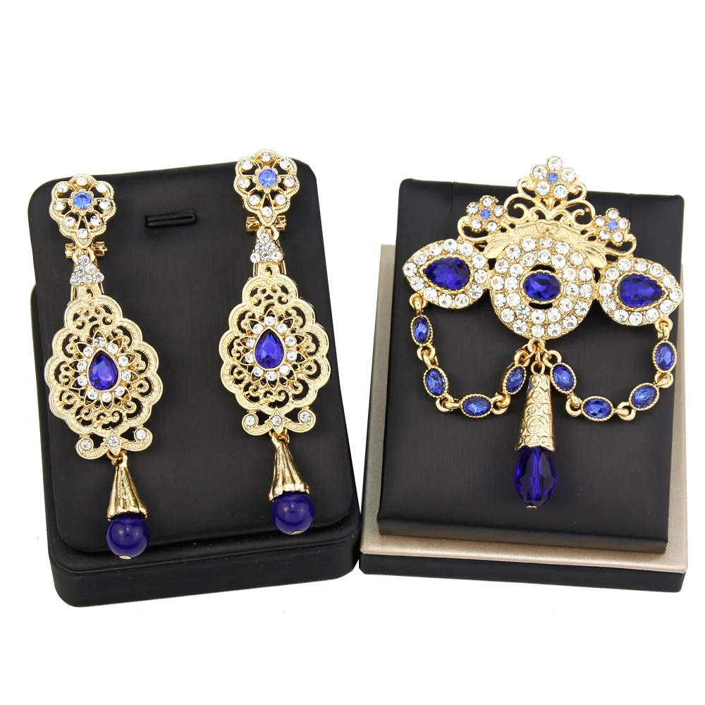 Sunspicems Moroccan Wedding Jewelry Brooch Earring Set for Women Gold Color Pink Blue Crystal Arabi Hijab Pin Bridal Accessories