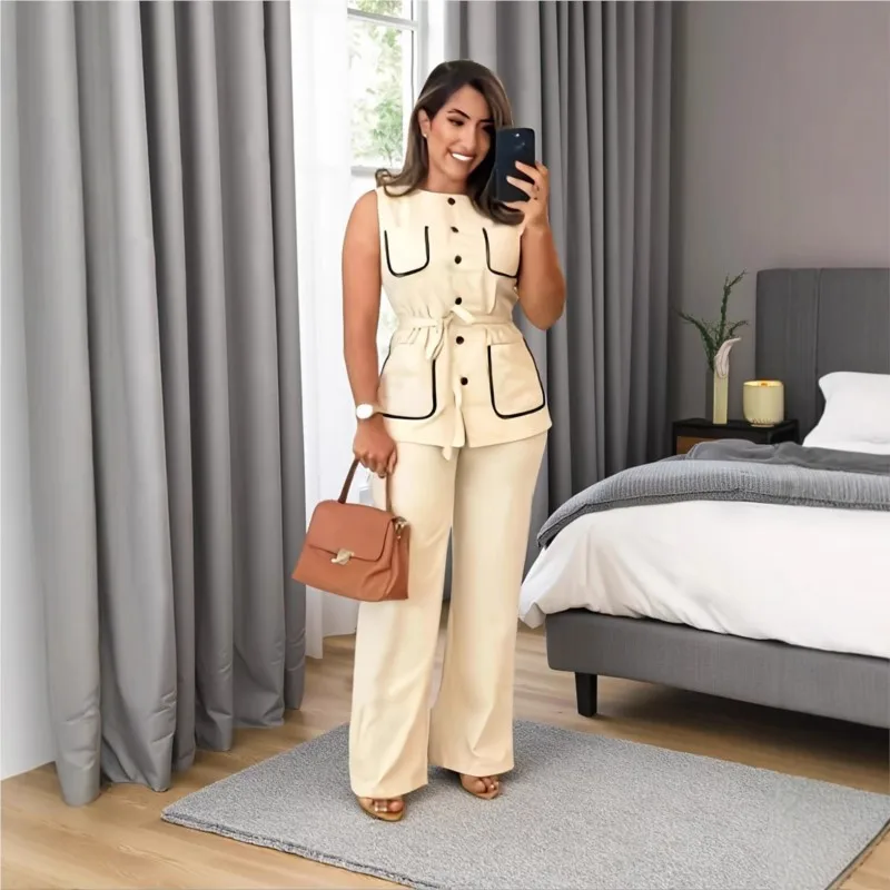 

Women Elegant Office Pant Sets Two Piece Sleeveless Bandage Shirt Vests Button Patchwork O Neck High Waist Pants Suits Autumn