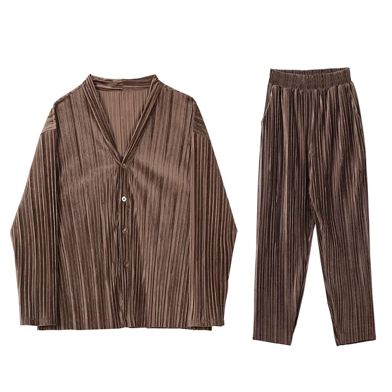 Menswear 2 Piece Sets Pleated Fabric Oversize Loose Casual Long Sleeve Shirt Pant Streetwear Vintage Fashion Shirt Trouser Suits