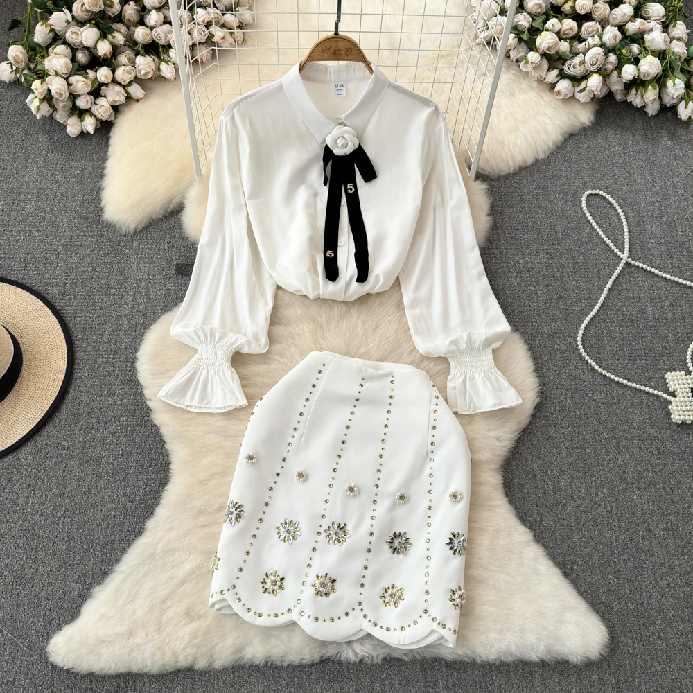

Lady Korean Office OL Suit Summer Antumn Set Bow Tie Top Shirts Beaded Wave Cut Hip Skirt Women Elegant Business Formal 2pcs Set