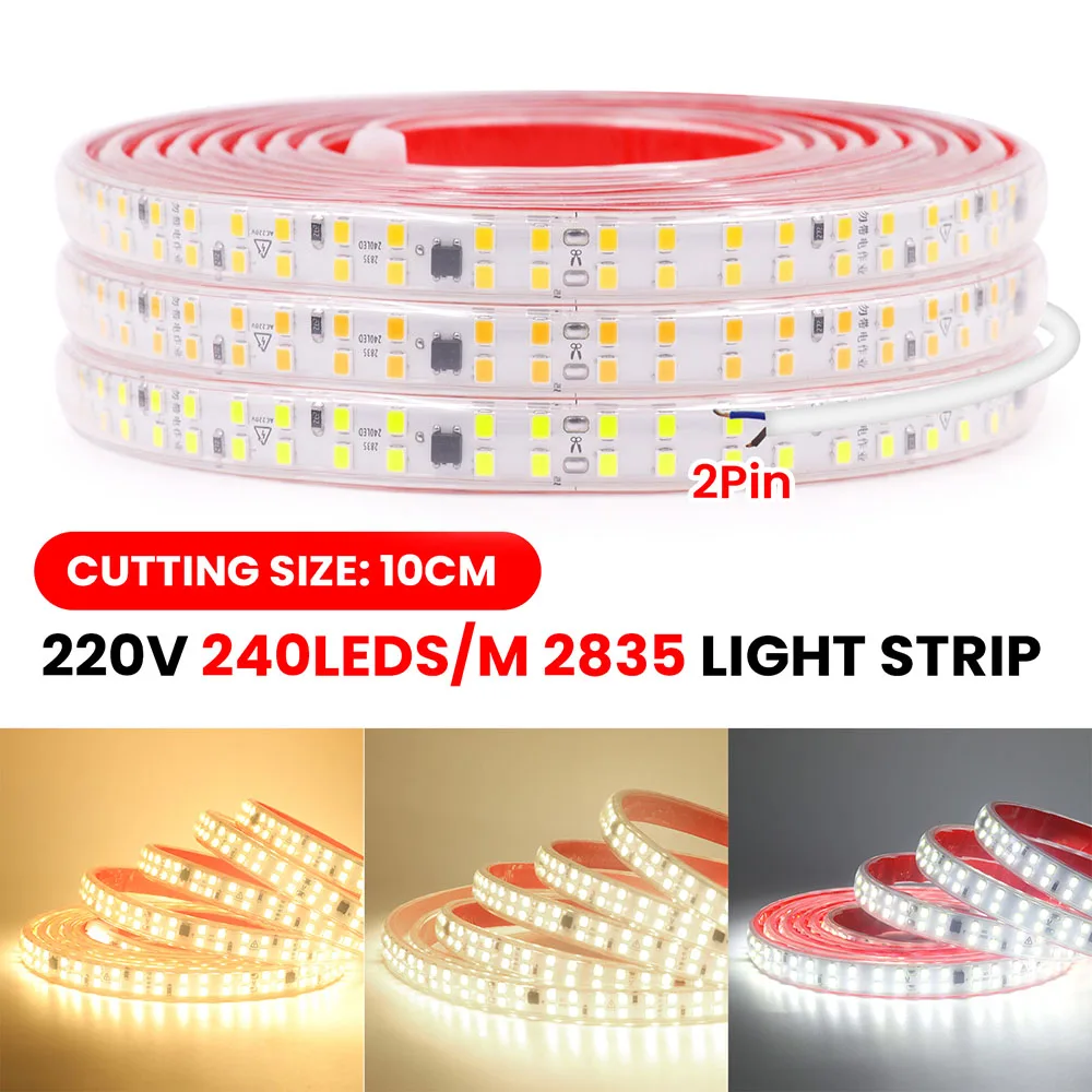 220V LED Strip Lights 2835 240LED/M with 2pin Wire Flexible Adhesive Tape Waterproof 0.5m 1m 2m 5m 20m 30m Warm White Cuttable