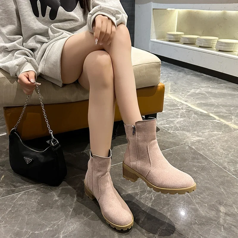 Suede round toe Western denim boots for women in 2023 winter new retro thick heels for women in mid heeled fashion boots