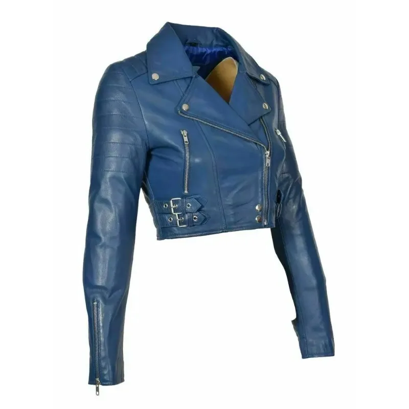 NEW HOT Women Genuine Lambskin Real Leather Jacket Blue Slim Fit Biker Crop Coat