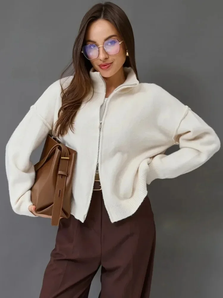 Korean Fashion Oversized Sweaters Women Autumn Winter Women's Knitted Jacket Zipper Stand Up Collar Solid Warm Sweater Cardigan