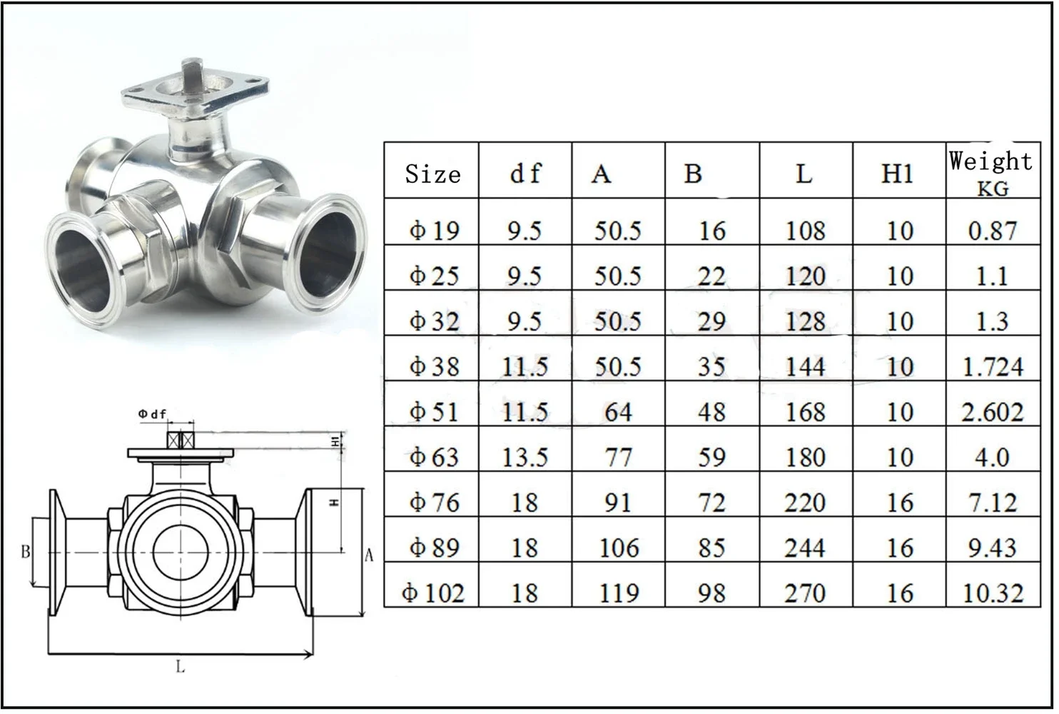 Válvula de Esfera Sanitária, Homebrew sem Atuador, Fit Tube O.D 3/4 "19mm Tri Clamp 1.5" 304 316 Aço Inoxidável, 229 PSI