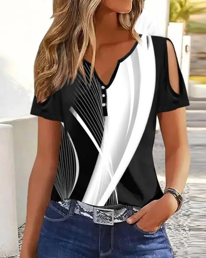

Fashion Women Blouses 2024 Summer Female Clothes Casual Tee Daily Women's Abstract Printed Colorblock Split Sleeve T-Shirt