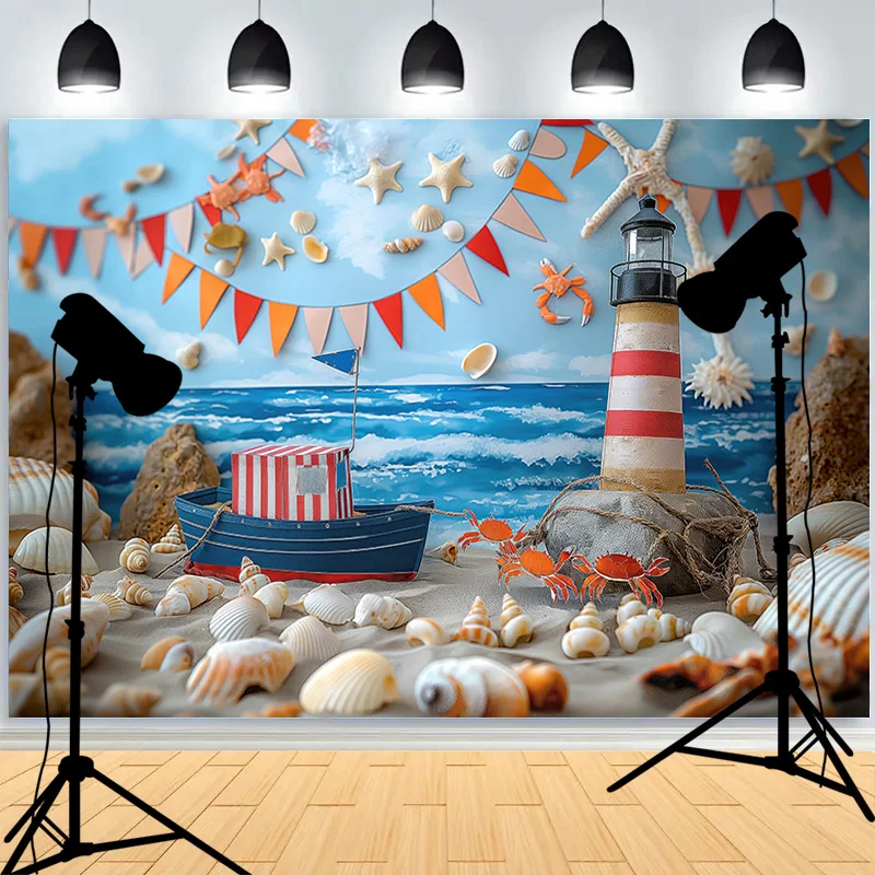 

Blue Marine Wall Starfish Sailboat Photography Backdrops Birthday Party Decor Global Fishing Net Photo Studio Background TE-06