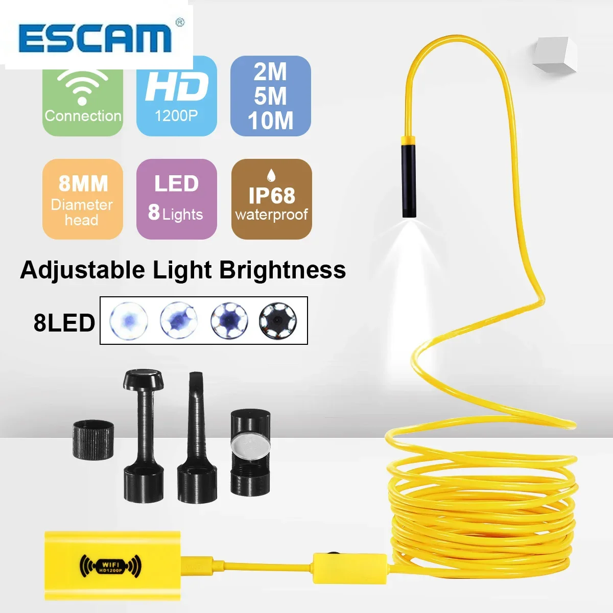 

ESCAM 2/5/10M WIFI Endoscope Camera HD 1200P 8mm 8 LED Mini Waterproof Hard Cable Inspection Camera Borescope for Iphone PC IOS