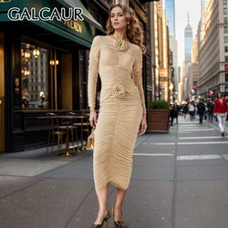 GALCAUR Spliced Appliques Pleated Dress Suits For Women O Neck Pile Up Sleeves Top Patchwork Zipper Hollow Out Skirts Female New