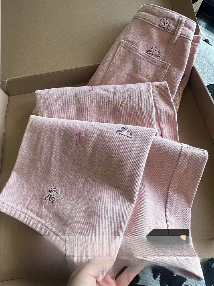 

Джинсы женские больших размеров с вышивкой, широкие, прямые, свободные, с эффектом похудения, с высокой талией, на молнии, однотонные