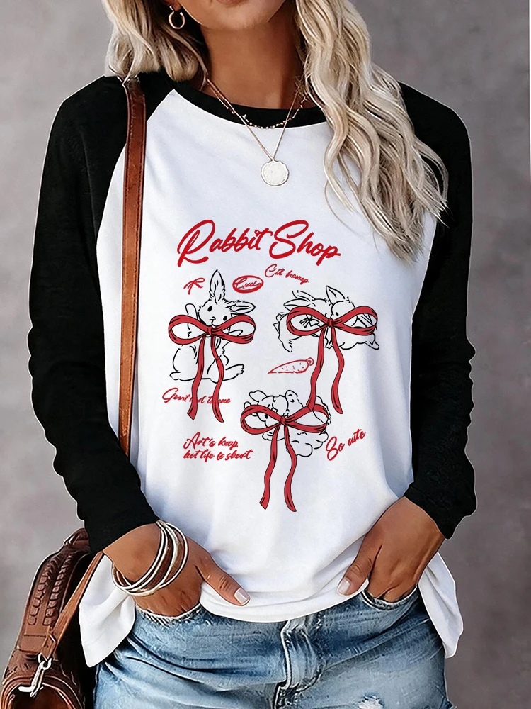 Women's Vintage Style Graphic T-shirt Raglan Long Sleeve T Shirt with Rabbit and Red Bow Print Causal Y2k Tops Clothes Outfit
