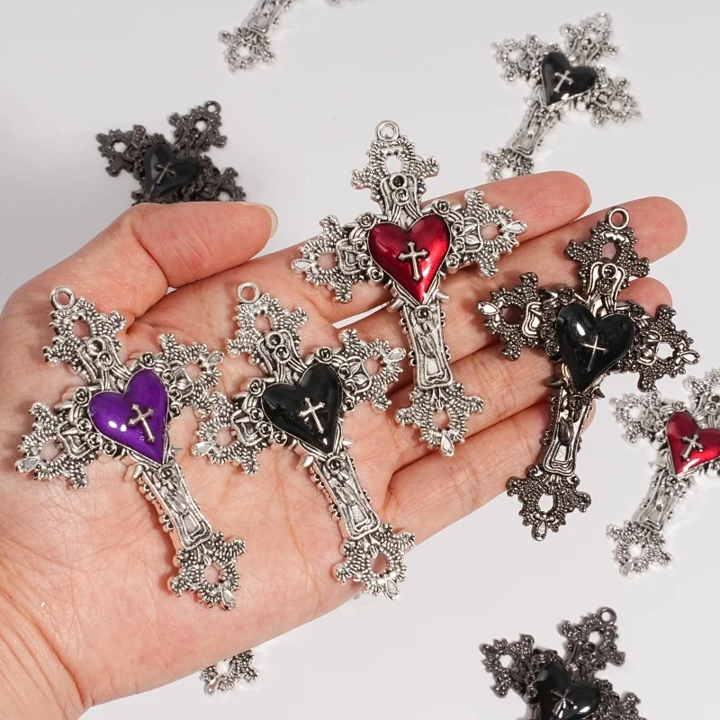 Multi Style Silver Wire Cross Pendant, Multi-Color Imitation Enamel Heart Cross Pendant, Gothic Thorn Pendant, Jewelry Accessory