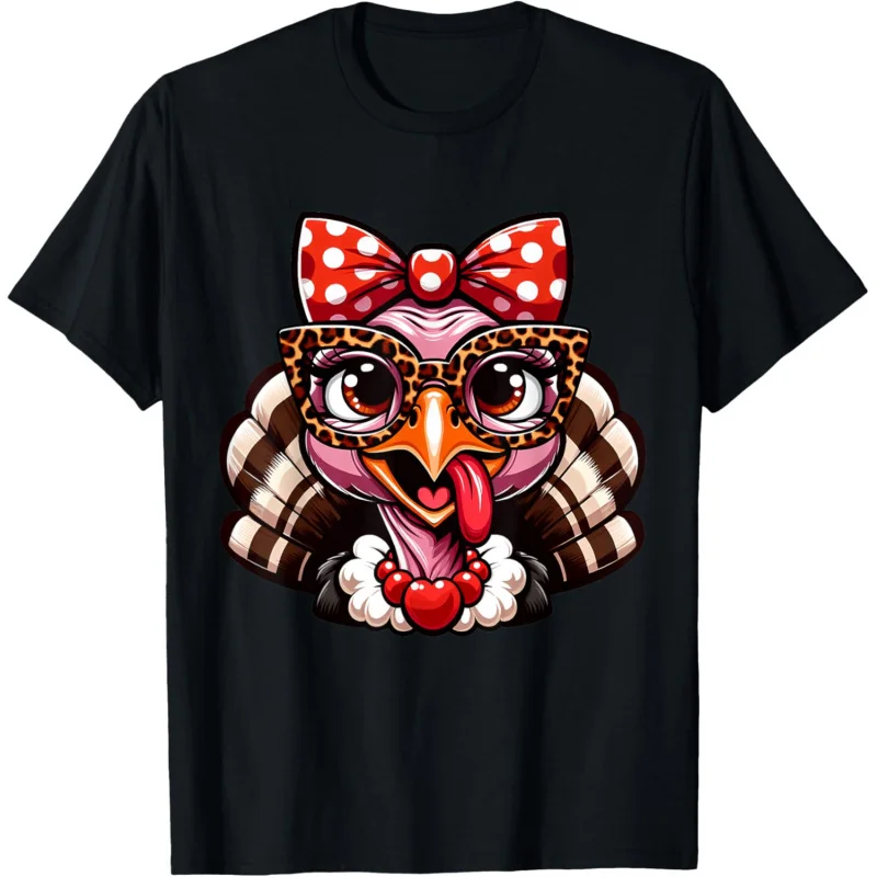 Thanksgiving turkey face leopard print glasses women's T-shirt casual simple loose variety black top