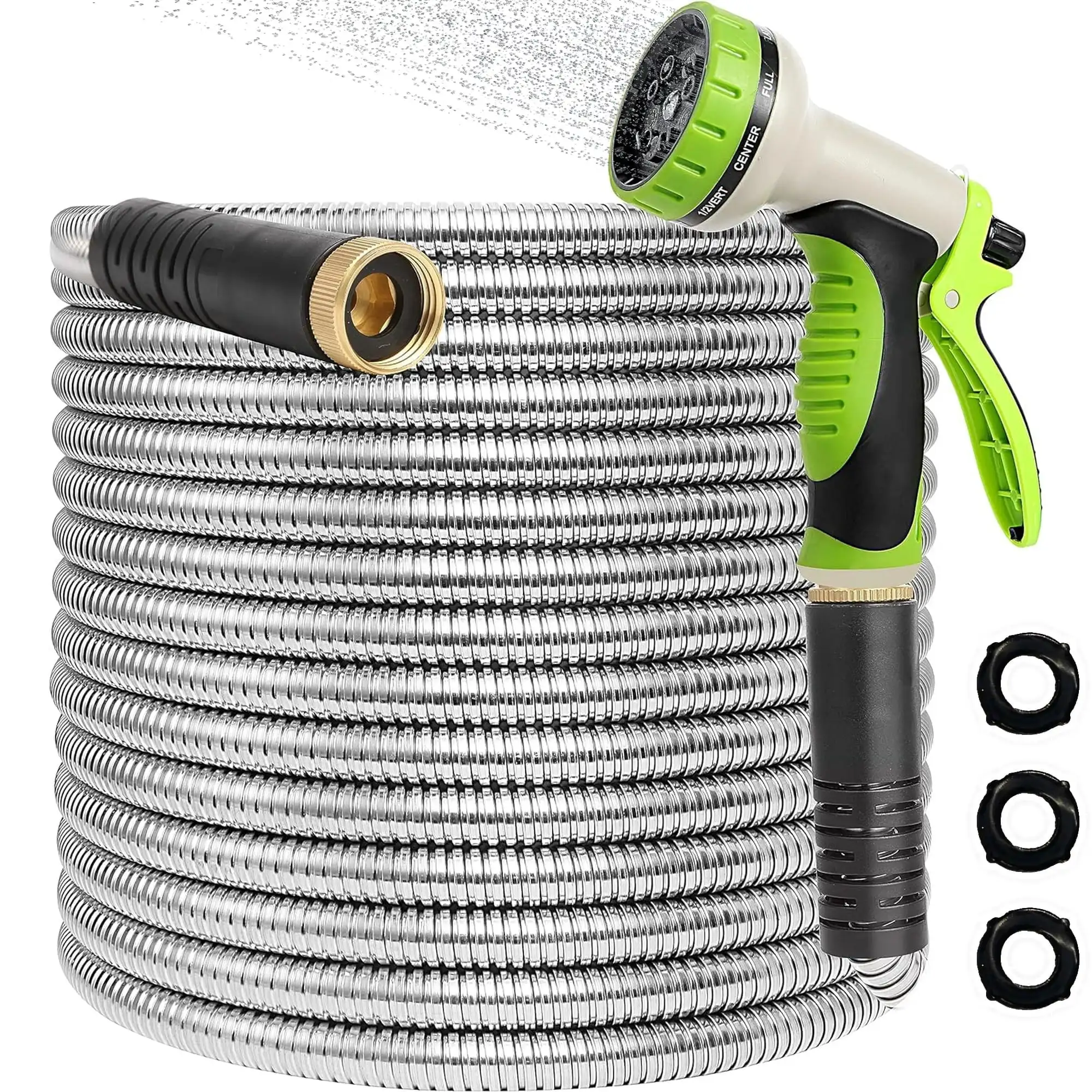 Wąż ogrodowy ze stali nierdzewnej 304, 15 metrów, metalowy, wytrzymały wąż do podlewania z dyszami do ogrodu, na zewnątrz - elastyczny, nie pląta się i nie zginie.