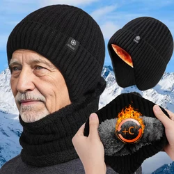 Zimowa męska grubsza czapka Beanie Ochrona uszu Czapki z dzianiny Wełniany szalik na szyję Zestaw czapek Outdoor Wiatroszczelna pluszowa ciepła czapka Skullies