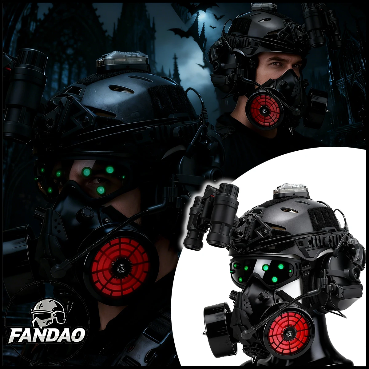 

Tactical Helmet with Headset NVG Model LED Lights Gothic Military Cyberpunk Style Mask for Outdoor Airsoft Paintball CS Games