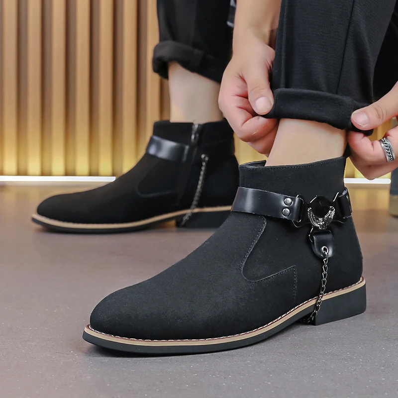 Autumn British Style Fashionable High Top Chain Men's Boots Retro Casual Solid Color Foreign Trade Plus Size Men's Leather Boots