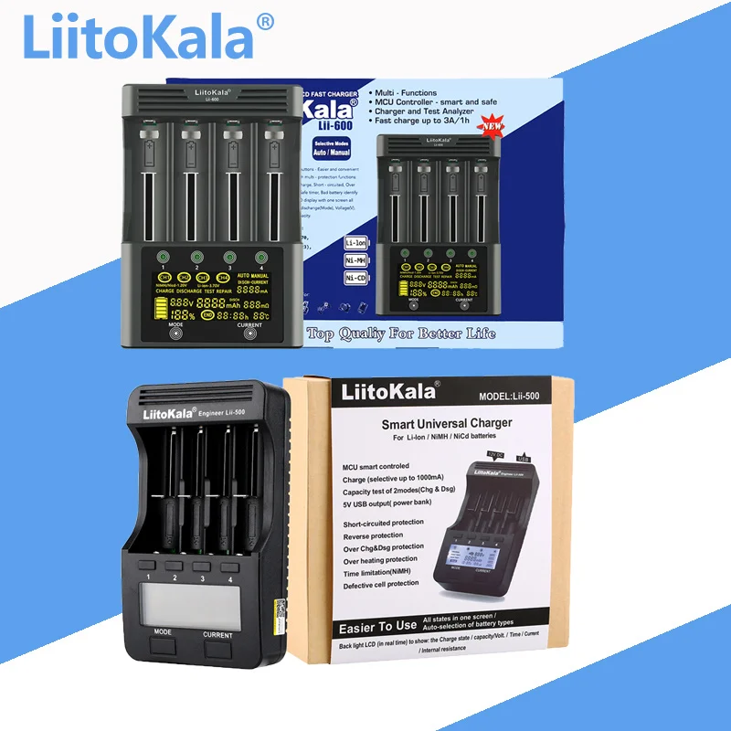 LiitoKala Lii-500 Lii-600 Lii-S8 Lii-S12 Lii-PD4 Lii-PD2 LCD 3.7V/1.2V 18650/26650/16340/14500/18500 Battery Charger with screen