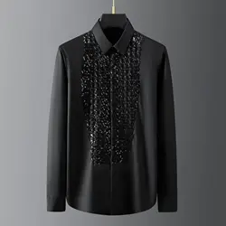 Brand Sequins Shirts Men Cotton Long Sleeve Slim Business Formal Dress Shirt Star Stage Social Party Blouse Men Clothing 2024
