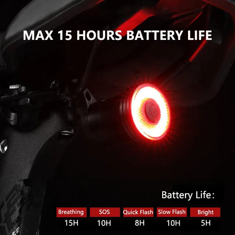 Bicycle Rear Light Intelligent Brake Sensing Taillights High Visibility Type-C Rechargeable Bike LED Rear Light