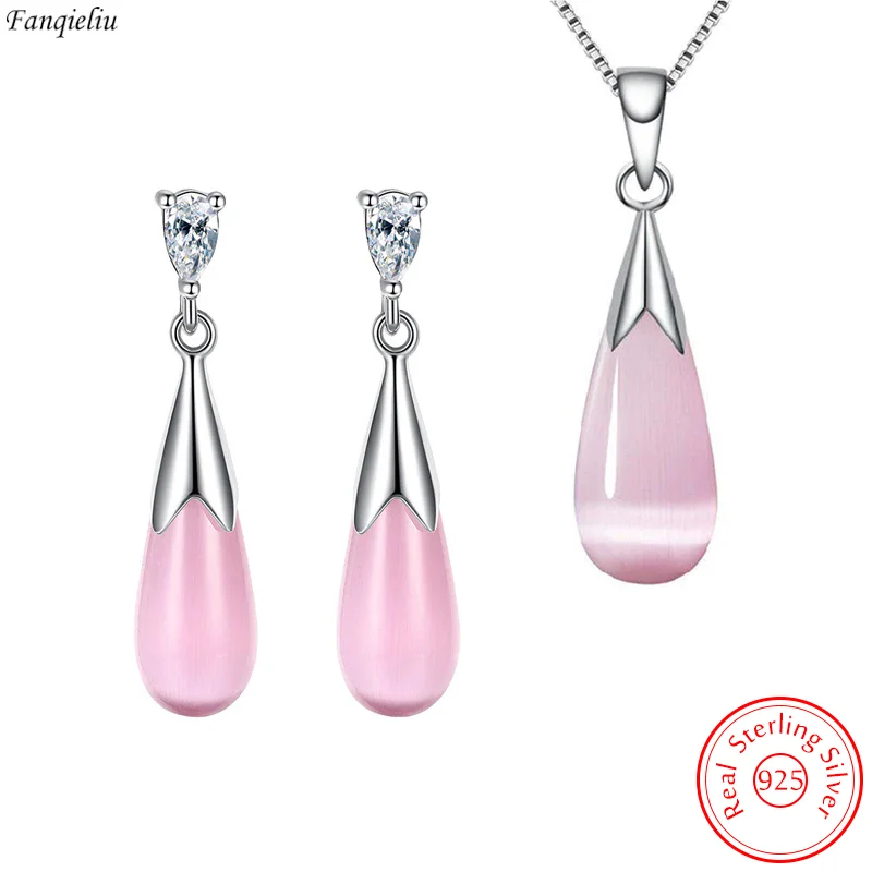 Fanqieliu High Quality 925 Sterling Silver Opal Pendant Necklace Crystal Drop Earrings Jewelry Sets For Women FQL23070