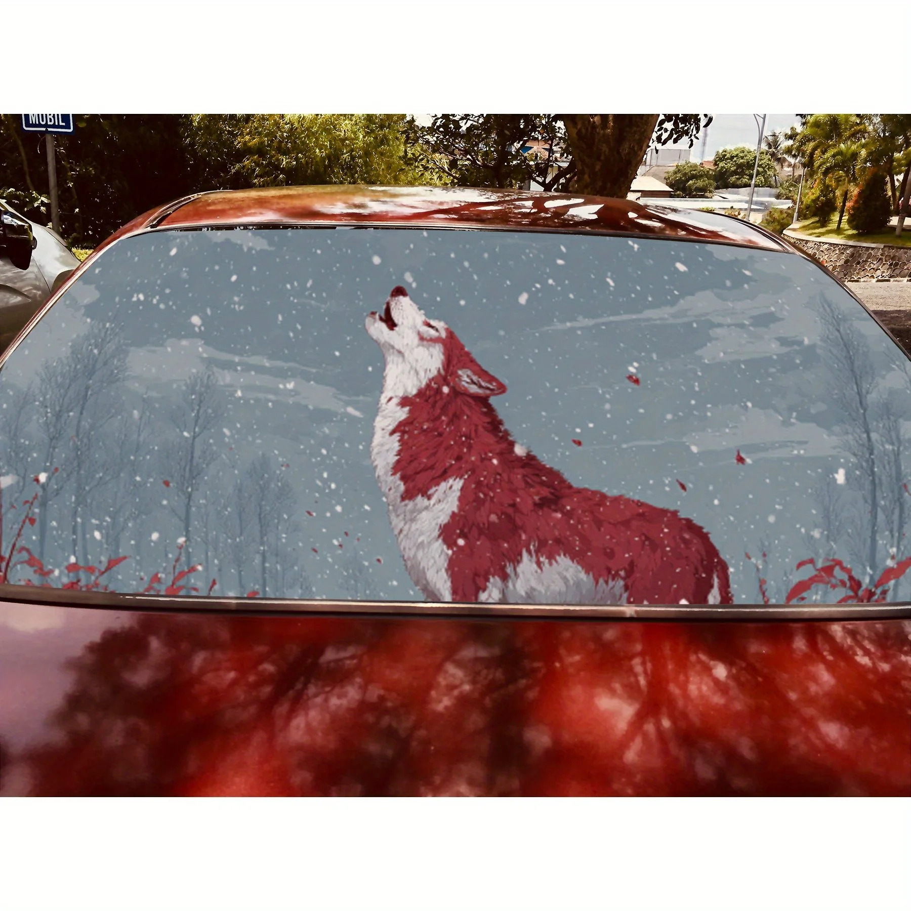 Serigala Merah dan Putih-Stiker Jendela Belakang Mobil Musim Dingin, Stiker Pembungkus Vinil Perlindungan Otomatis Antigores, PV Perekat Diri Tahan Air