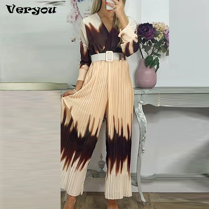 

Autumn Pleated Print Belted Rompers Fashion Female V-Neck Middle Waist Wide-Leg Overalls New Spring Women Long Sleeve Jumpsuits